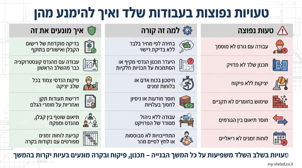 אינפוגרפיקה טעויות נפוצות בעבודות שלד והדרכים להימנע מהן כולל תכנון הנדסי פיקוח ביצוע וחומרי גלם