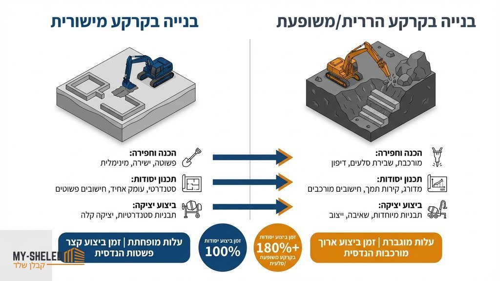 נוצר על ידי מודל בינה מלאכותית Gemini Pro יציקת יסודות מבנה בקרקע משופעת בצפון הארץ עם נוף הררי ברקע