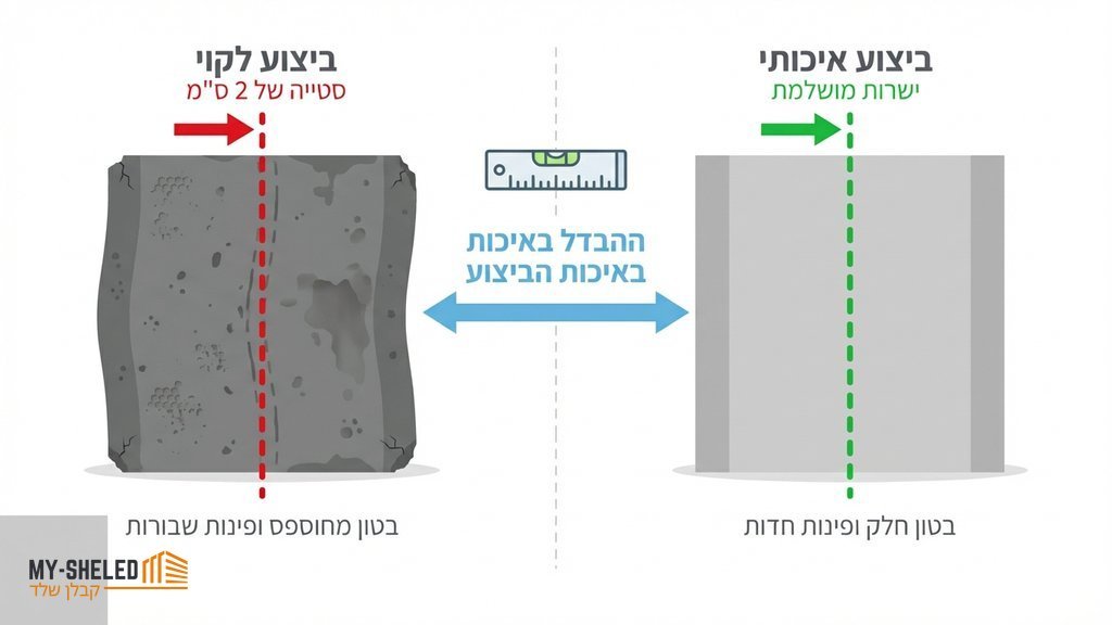 נוצר על ידי מודל בינה מלאכותית Gemini Pro קיר בטון ישר וחלק לאחר הסרת טפסנות, המציג עבודת שלד איכותית