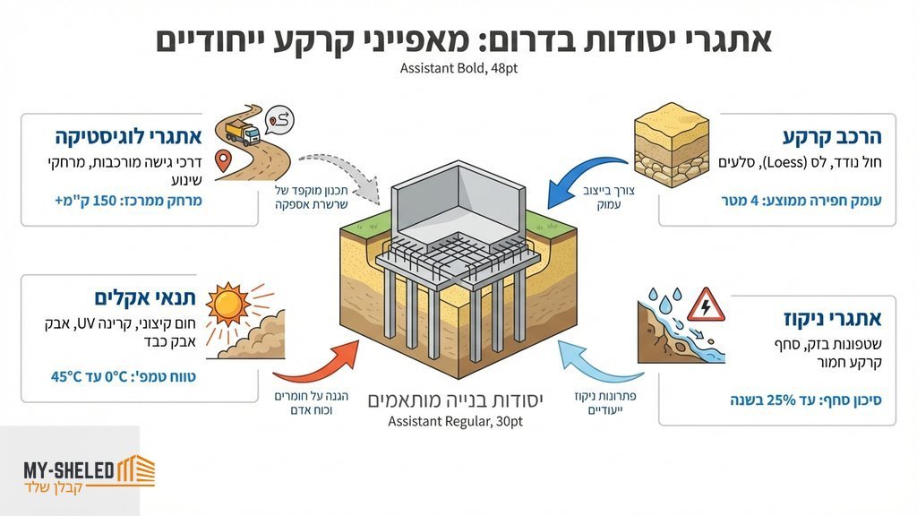 נוצר על ידי מודל בינה מלאכותית Gemini Pro עבודות עפר ויציקת יסודות באתר בנייה בדרום הארץ, קרקע מדברית