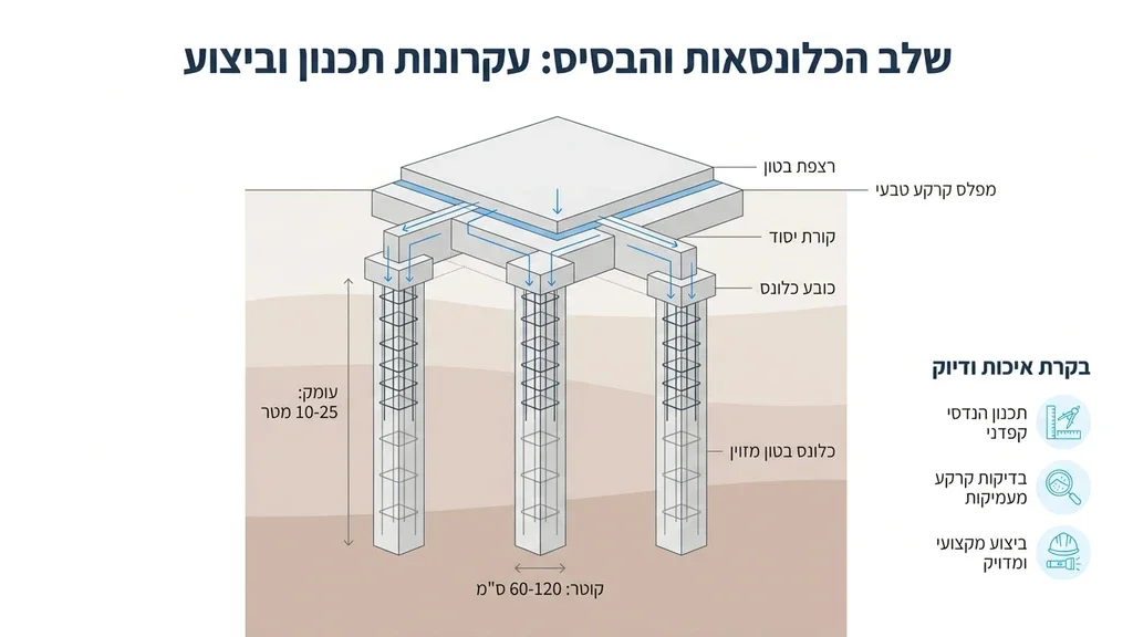 נוצר על ידי מודל בינה מלאכותית Gemini Pro בניית שלד בשלב יציקת כלונסאות ורצפת בסיס