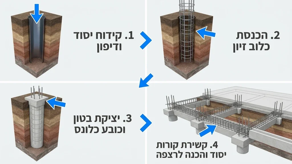 נוצר על ידי מודל בינה מלאכותית Gemini Pro עבודות עפר וביסוס באתר בנייה עם ציוד כבד