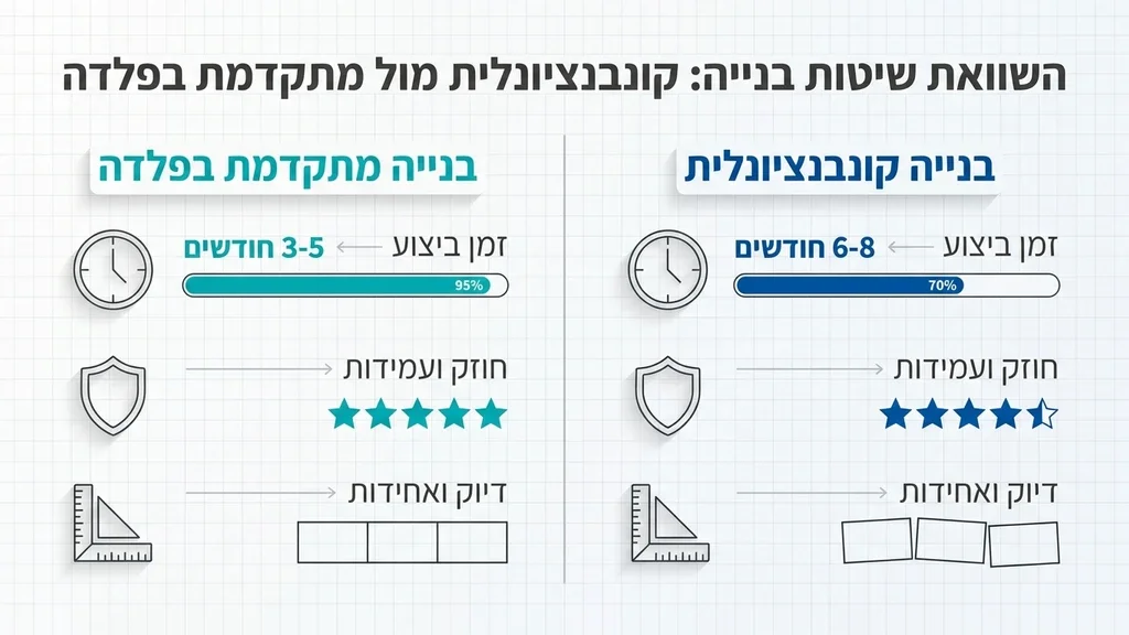 נוצר על ידי מודל בינה מלאכותית Gemini Pro השוואת בניית שלד פלדה לבנייה קונבנציונלית