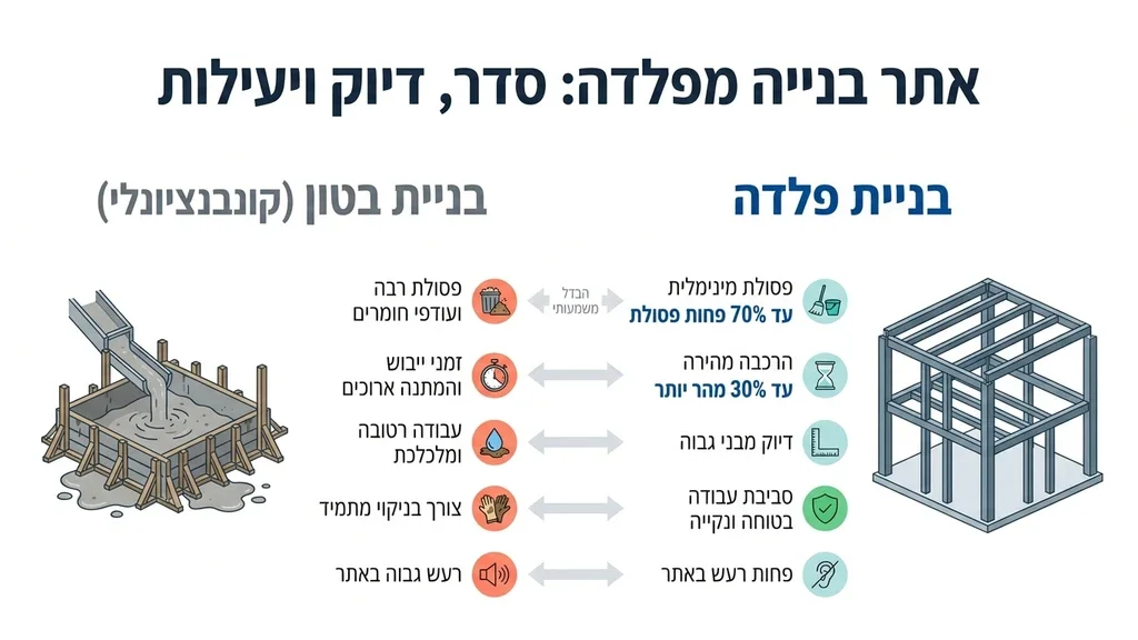 נוצר על ידי מודל בינה מלאכותית Gemini Pro אתר בנייה נקי ומסודר של שלד פלדה מודרני