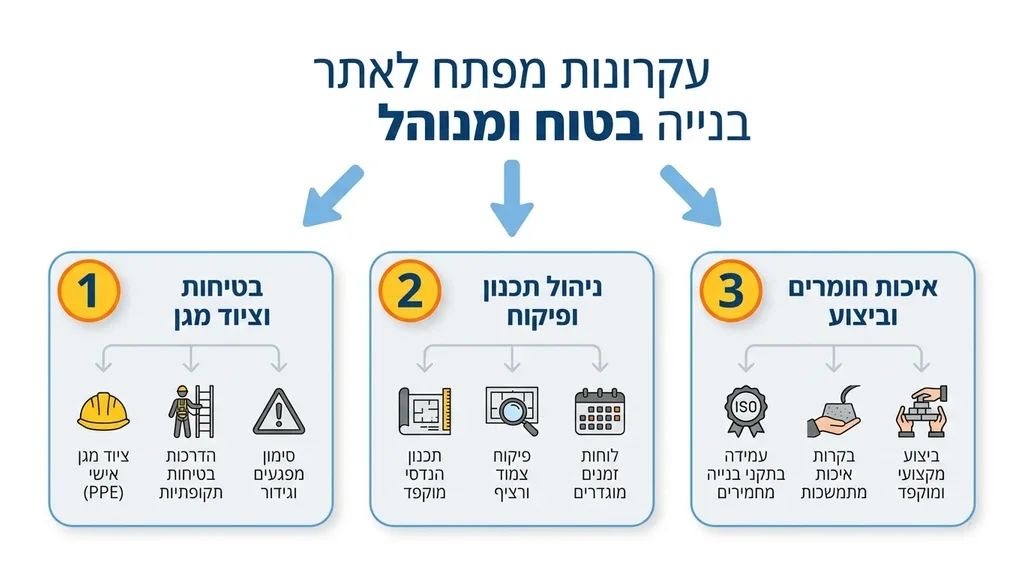 אחרי הפסקה המדברת על ביטוחים ואחריות באתר הבנייה, מתאים להראות אתר בנייה מסודר ובטוח. פיקוח ואחריות באתר בנייה שלד לבית פרטי