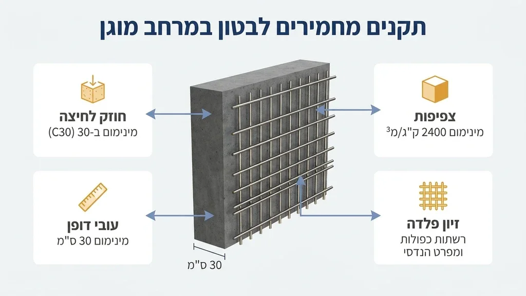 אחרי הכותרת הראשונה התקנים המחמירים עבור סוגי בטון ממד. התמונה צריכה להציג יציקת בטון מקצועית למרחב מוגן. יציקת סוגי בטון ממד באתר בנייה מקצועי