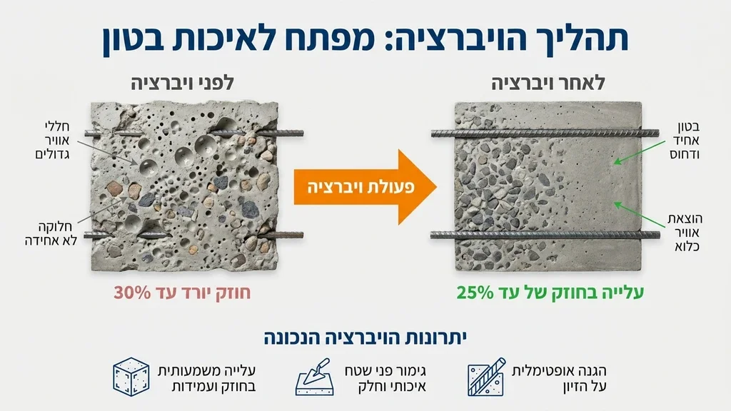 אחרי הכותרת תהליך היציקה: מעבר לבחירת החומר. התמונה צריכה להמחיש עבודת ויברציה של בטון והקפדה על איכות היציקה. תהליך ויברציה והחלקת בטון ממד על ידי קבלן שלד